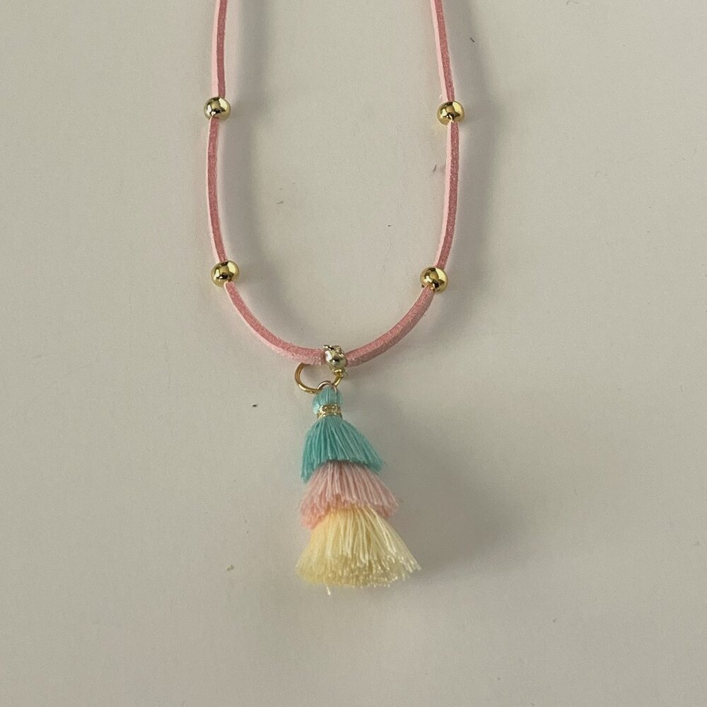 Pink Faux-Suede Necklace with tri-colored Tassle